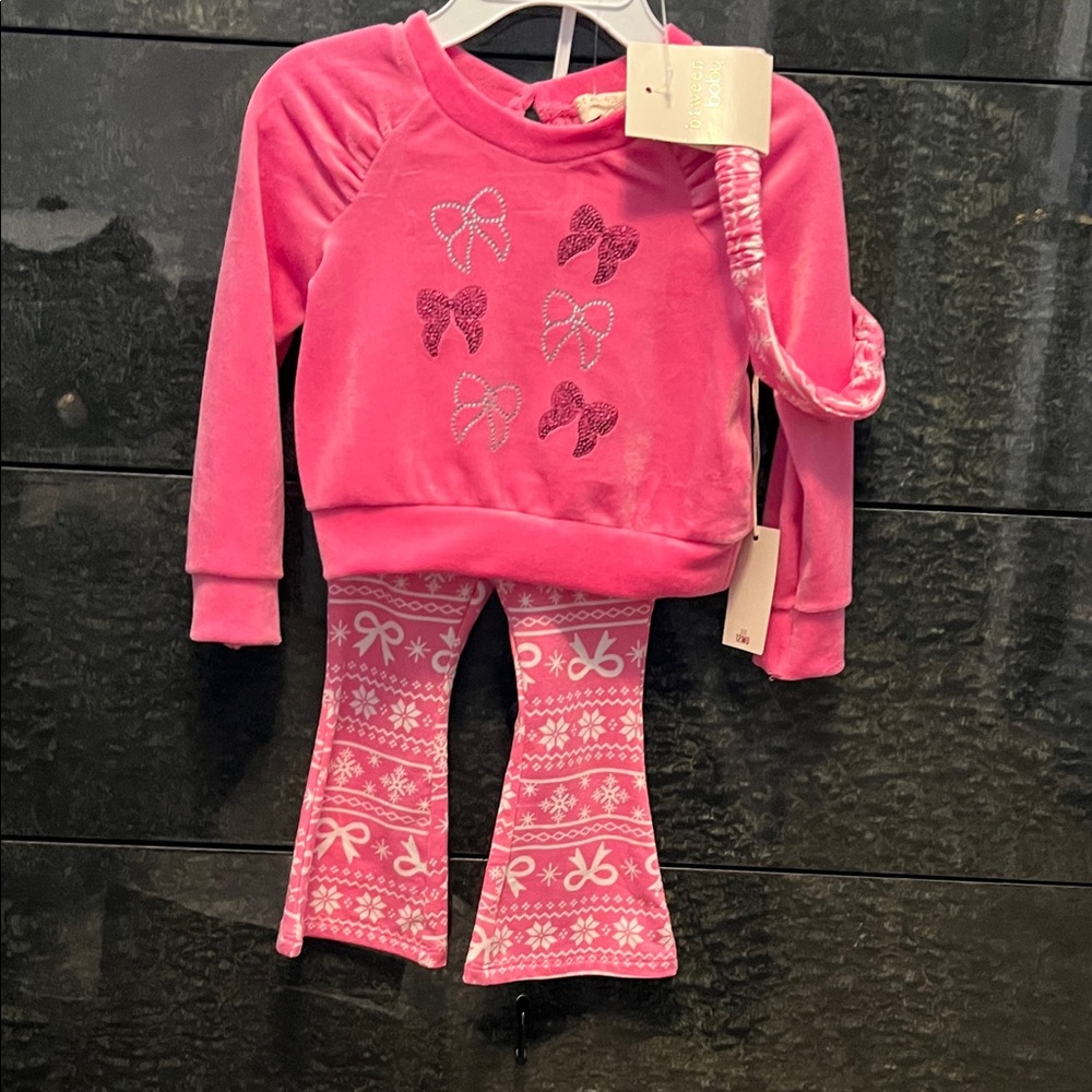 Pink Bow Velour top, Flair Pants and headband Set